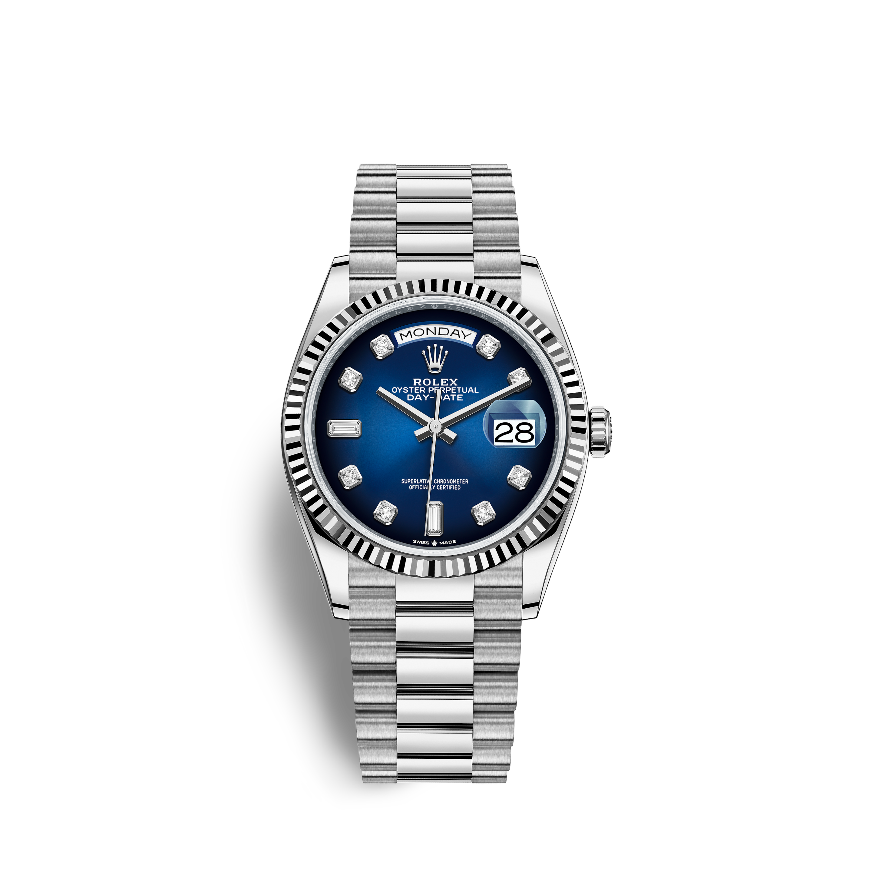 rolex day date silver blue dial