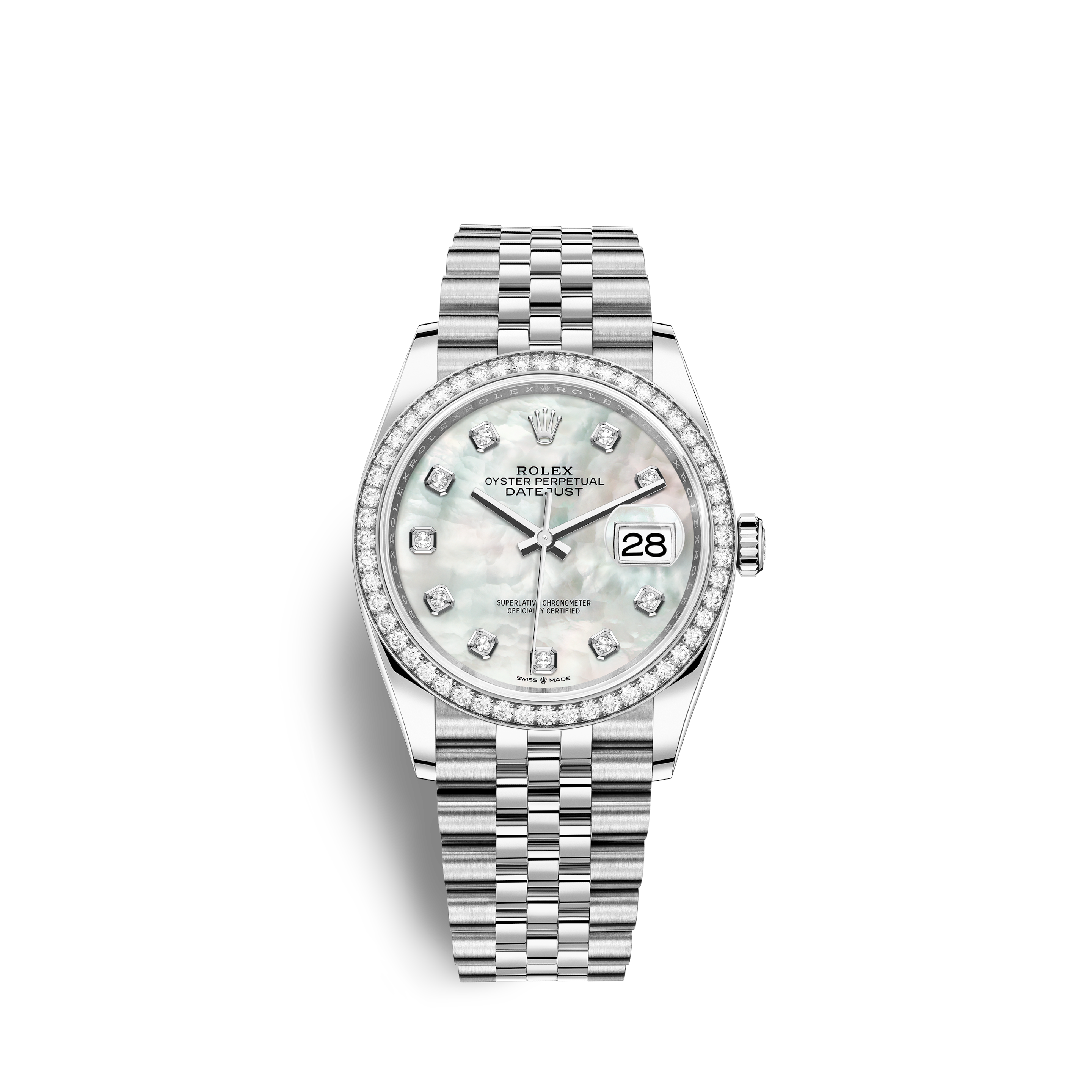 Rolex Datejust 36mm White Mother of Pearl Diamond Dial Jubilee & Fluted Bezel Watch 16030
