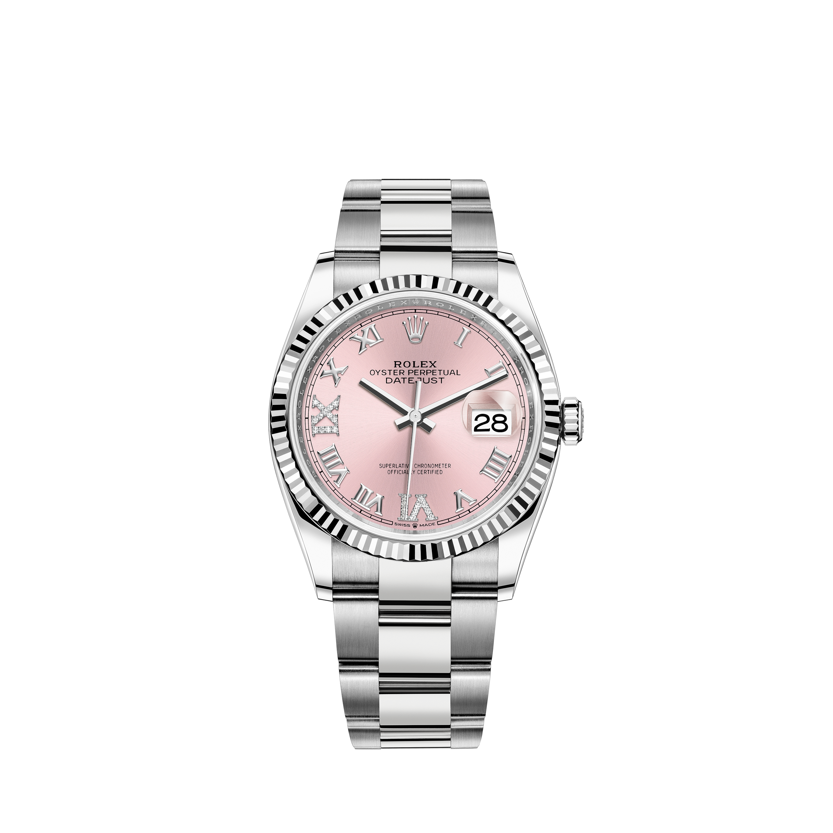 silver rolex with pink face