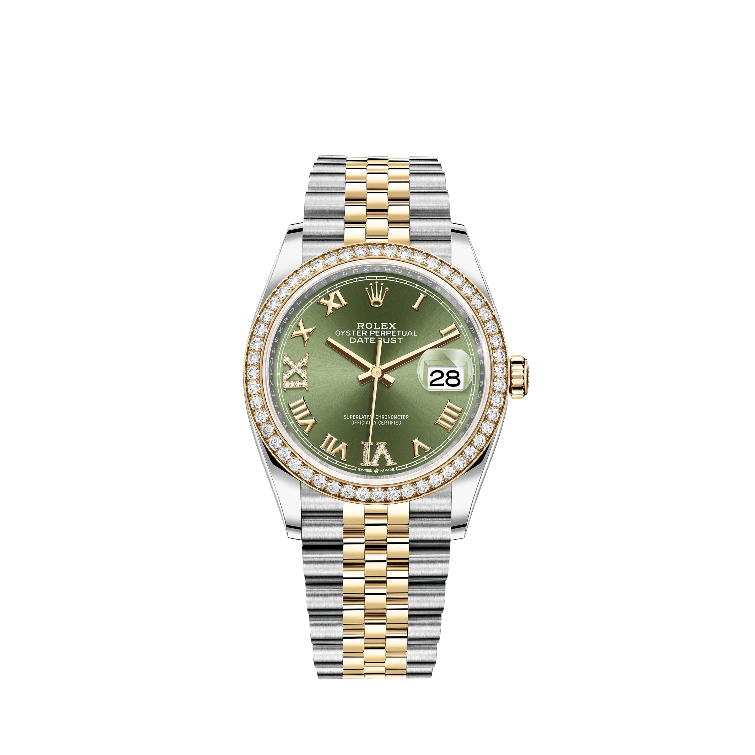 Rolex Date just 26mm Ladies Roman White Dial Watch 18k Solid Gold