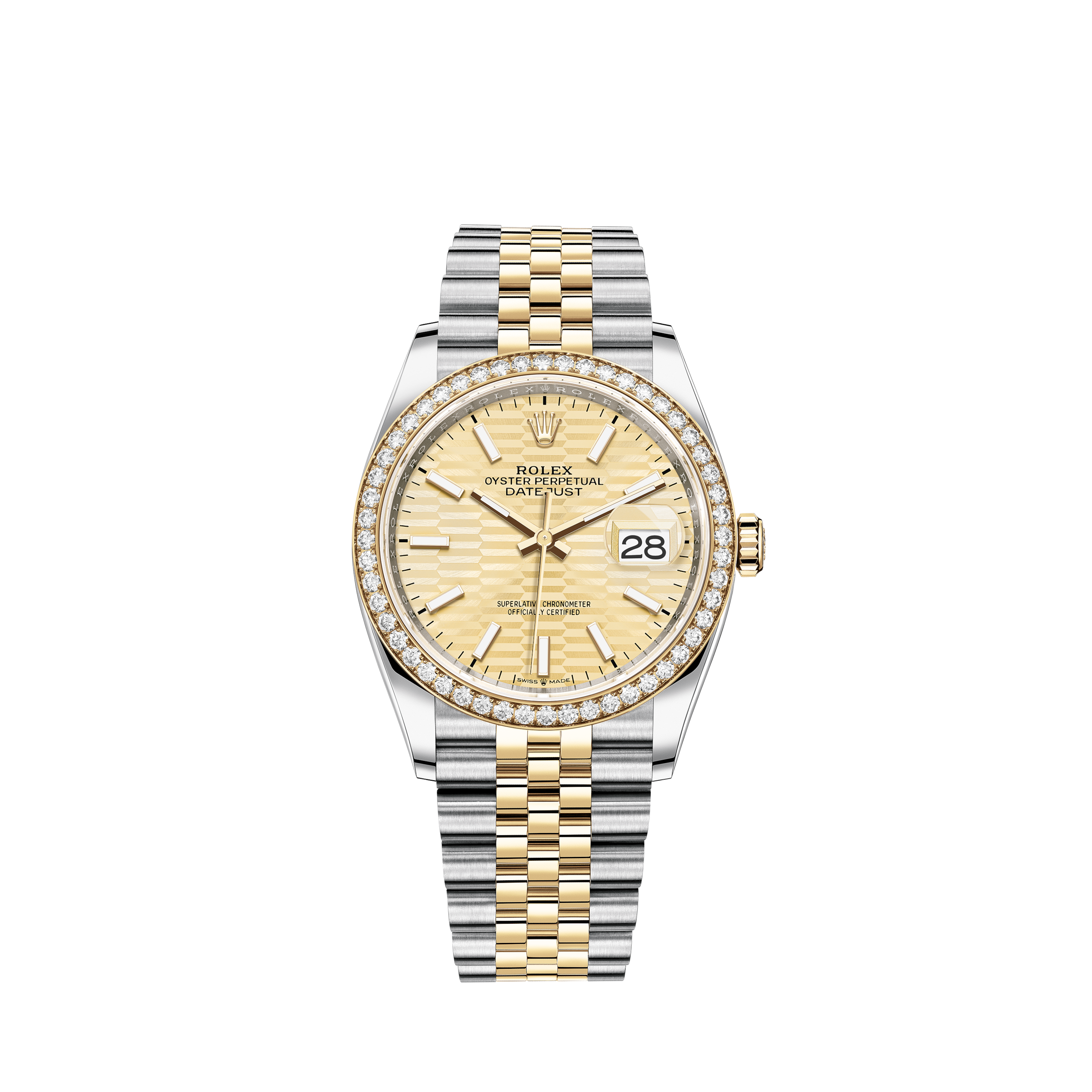 Rolex New Style Datejust Rose Two Tone Fluted Bezel & Champagne Diamond Dial on Oyster Bracelet