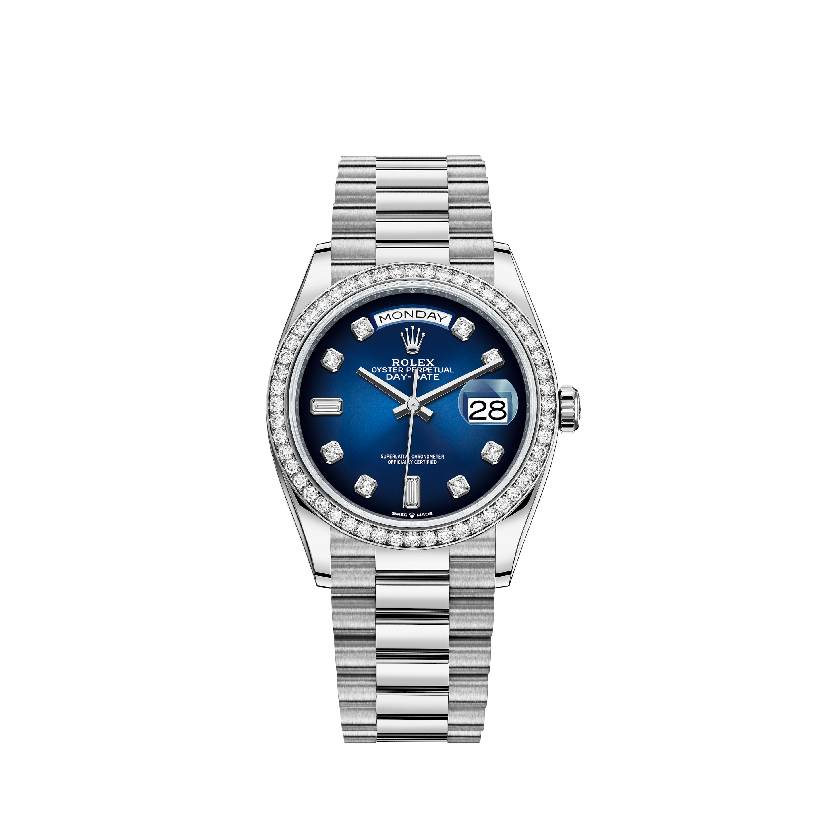 Rolex Ladies Datejust Blue Dial Watch 18k White Gold Pyramid Diamond Bezel