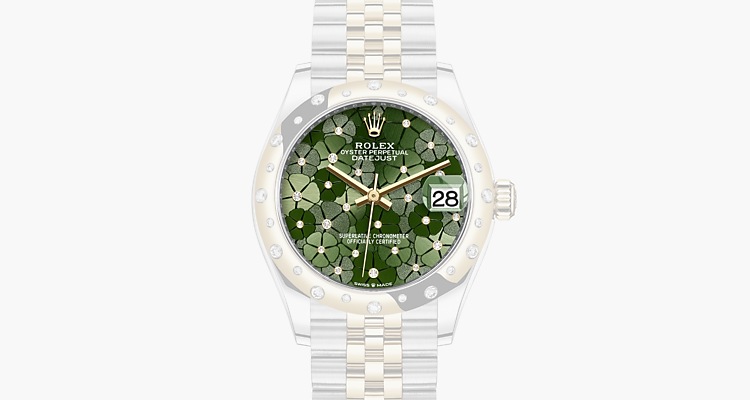 Olive green, floral motif set with diamonds