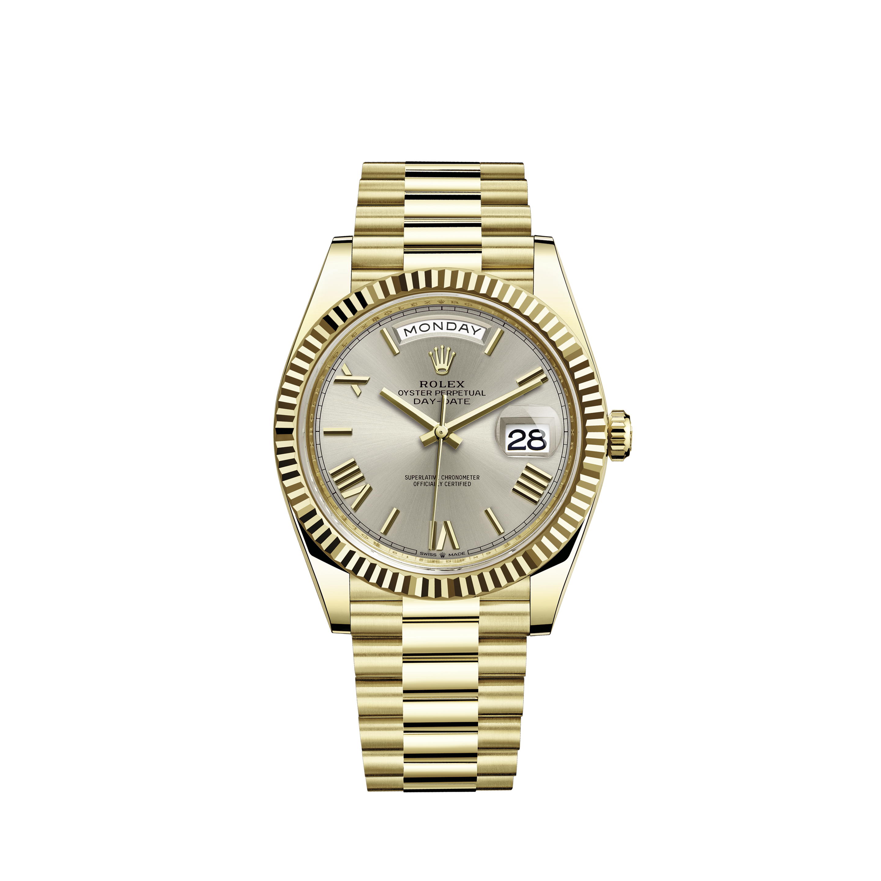 rolex day date yellow gold silver dial