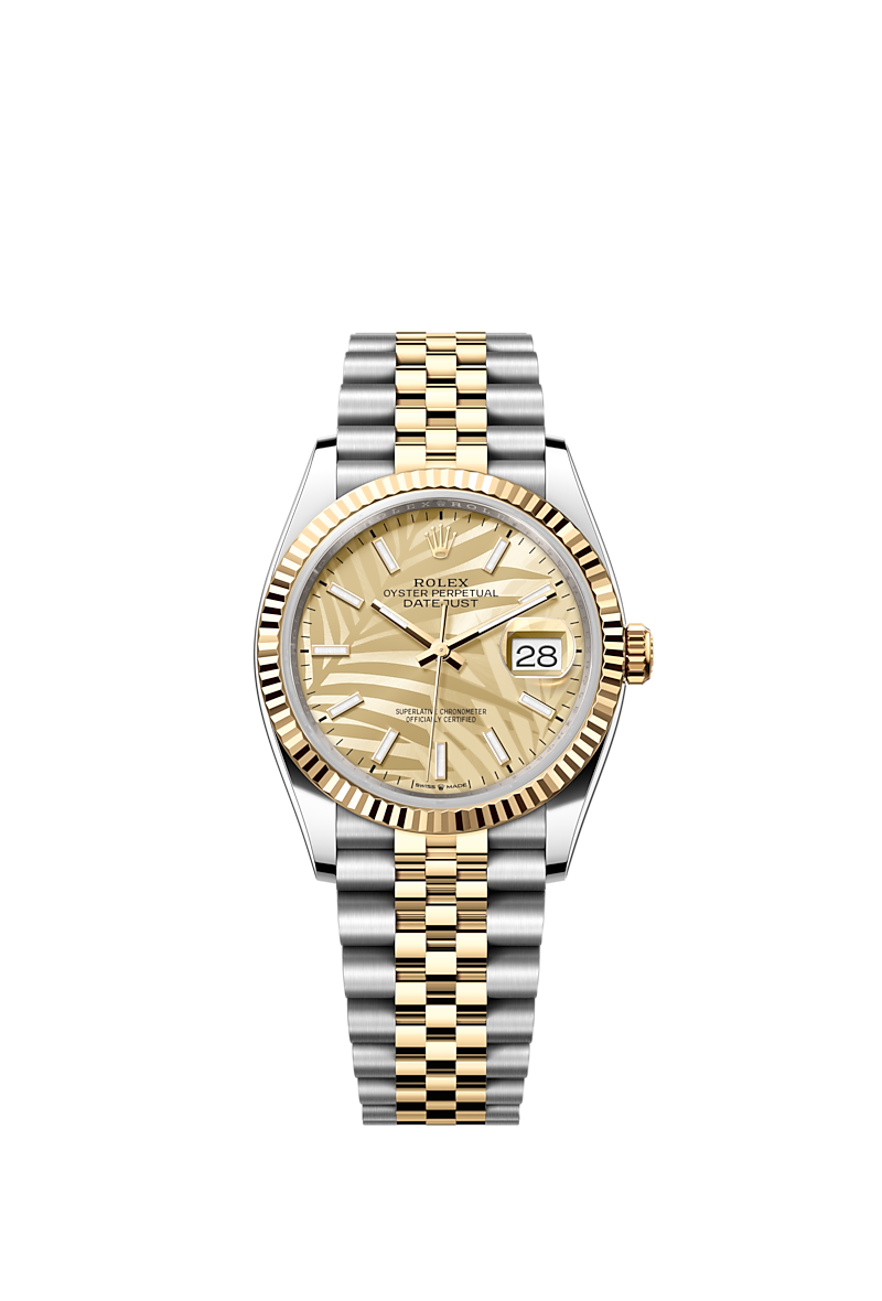 Rolex Datejust 36, 18K Yellow Gold and Stainless Steel, 36mm, Golden, Palm Motif Dial, Ref#126233-0037