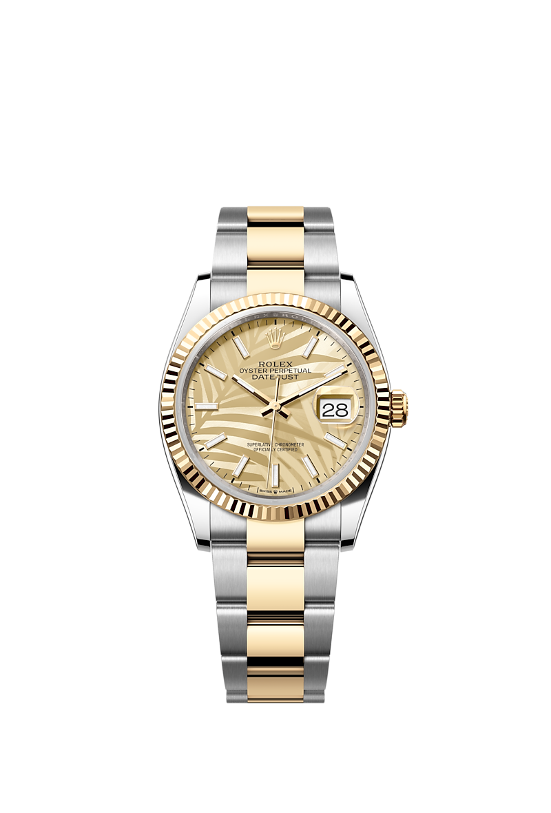 Rolex Datejust 36, 18K Yellow Gold and Stainless Steel, 36mm, Golden, Palm Motif Dial, Ref#126233-0037